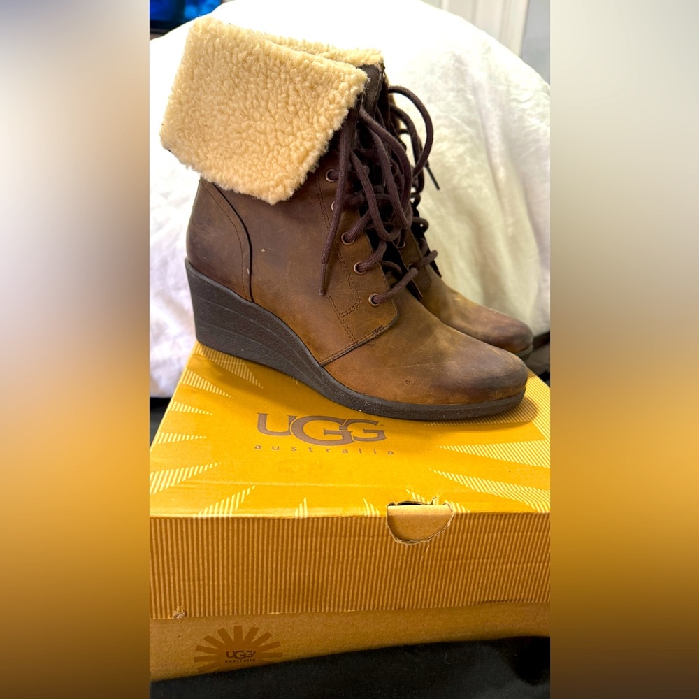 UGG | Brown Zea Ankle Lace Up Wedge Boots
